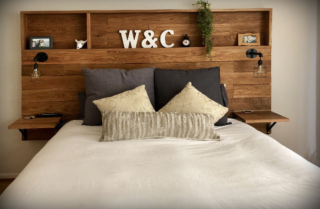 Wooden headboard with shelves