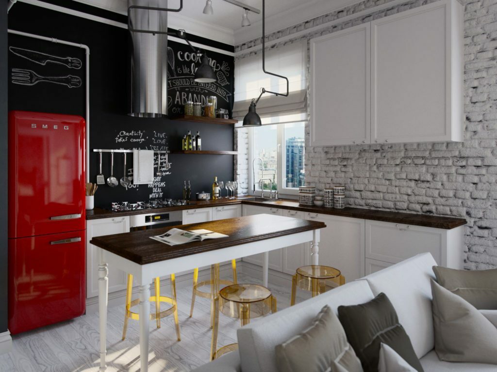 Kitchen interior with refrigerator