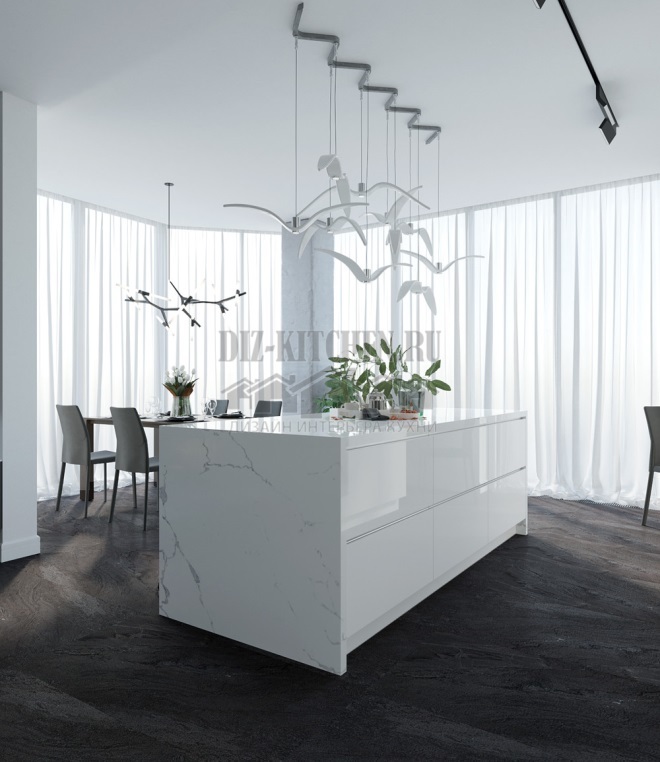 Modern white kitchen on the background of a black marble apron