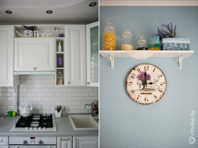 Blue walls and a small white kitchen in Provence style