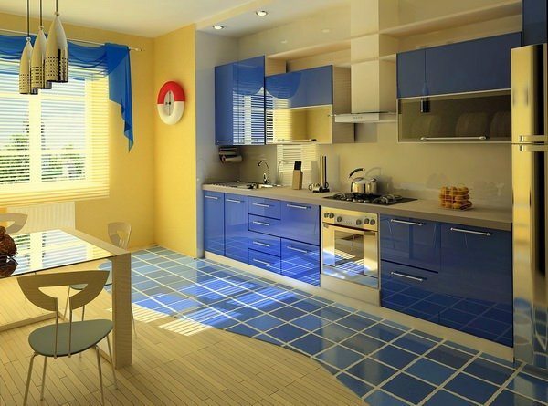 blue and yellow kitchen